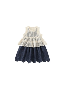 Girls summer two-piece sleeveless hollow-out top and navy blue eyelet embroidery skirt set