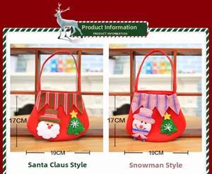 Detail of Christmas snowman and Santa felt gift bags with dimensions 17cm by 19cm