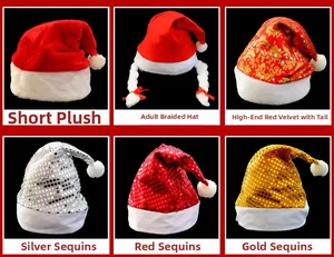 Detailed comparison of six Christmas hat styles including sequins, plush, and braided designs