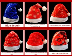 Detail view of assorted Christmas hats in red and blue with sequins and snowflake patterns