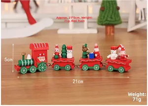Detail of wooden Christmas train toy with dimensions 21x5cm and weights 71g