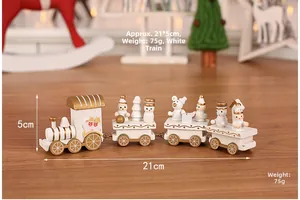 Detail of wooden Christmas train toy with white and gold snowman and tree figures