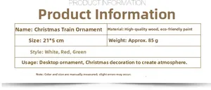 Specifications for wooden Christmas train decor available in red green and white colors