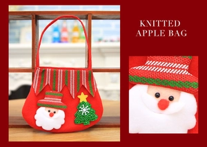 Detail of red knitted Christmas apple bag featuring 3D Santa Claus and sequin tree