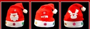 Detailed view of three 3D Christmas hats featuring Santa, Snowman and Reindeer characters