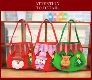 Detail of Christmas gift bags set with 3D Santa, Snowman and Reindeer felt designs