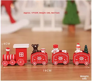 Detail of red wooden Christmas train with miniature bear, tree and 19x4cm size specs