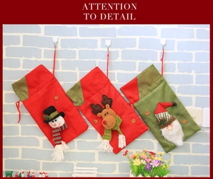 Three-piece Christmas gift bags with 3D Santa, snowman, and reindeer on rustic burlap