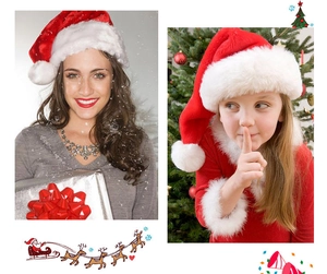 Adult and child wearing classic red plush Christmas hats for holiday celebrations