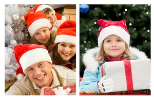 Close-up of red and white plush Christmas hats with snowflake patterns and soft pom-poms