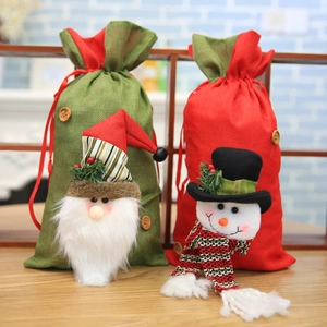 Christmas gift bags set featuring 3D Santa and snowman designs in green and red linen fabric