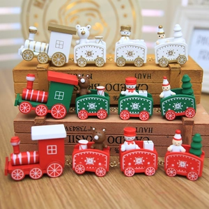 Handmade Wooden Christmas Train Desktop Ornament Multiple Sections Miniature Santa Snowman Bear Figurine Xmas Party Decor Gift
