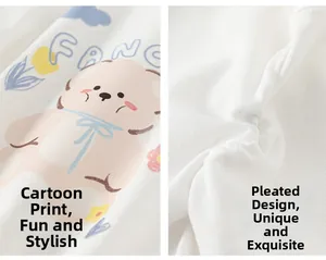 Detail of white cotton T-shirt featuring cartoon bear print and ruched side design