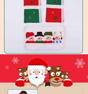 Detail of Christmas microwave handle covers featuring cute snowman embroidery and festive patterns