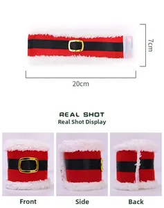 Detail view of 20x7cm red Christmas belt napkin ring with gold buckle and white faux fur trim