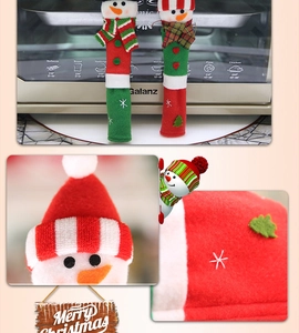 Detail view of festive snowman refrigerator handle cover with soft knitted fabric texture