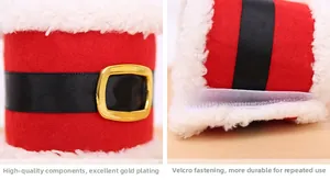 Detail of red Santa belt napkin ring with golden buckle and velcro closure design