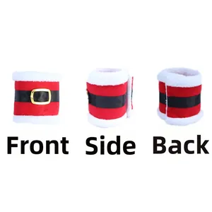 Three-angle view of Christmas Santa belt napkin rings with red velvet and gold buckles