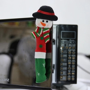 Christmas snowman microwave door handle cover in red and green plush fabric decoration
