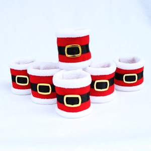 Set of 6 Santa suit felt napkin rings with white fur trim and golden buckle for table decor