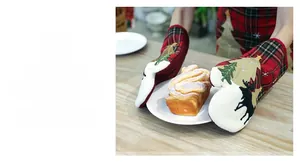 Detail von Weihnachts-Ofenhandschuh mit rot-grünem Karomuster und festlicher Stickerei