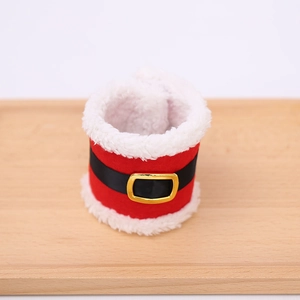Christmas Santa suit style napkin rings with red plush fabric and golden belt buckles