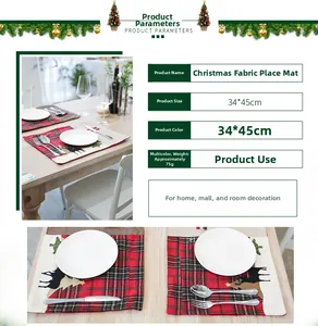 Détail du set de table de Noël à carreaux rouges et verts avec broderie de cerf