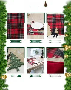 Détails de set de table de Noël à carreaux avec broderie de cerf et de sapin