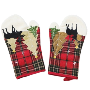 Weihnachtliche Ofenhandschuhe mit Karomuster, Rentier-Stickerei und Hitzeschutz für die Küche