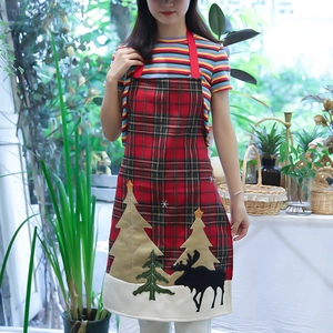 Christmas red plaid cotton linen apron with reindeer and tree embroidery for kitchen