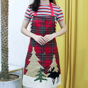Christmas red plaid apron with reindeer and trees embroidery for holiday kitchen decor