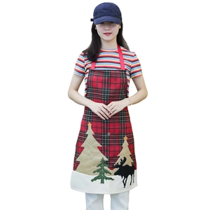 Christmas red plaid apron with reindeer and tree patterns for kitchen decor