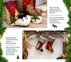 Détails de chaussettes de Noël à carreaux rouges avec fausse fourrure et motifs renne