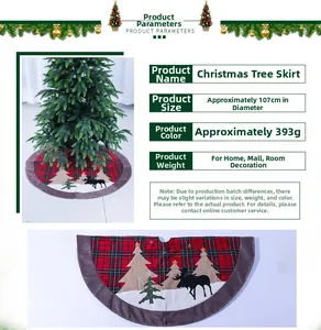Detail of buffalo plaid Christmas tree skirt with reindeer pattern and faux fur edge