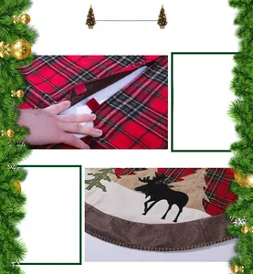 Detail of red and black plaid Christmas tree skirt with elk embroidery and velcro closure