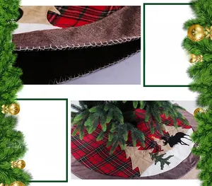 Detail of red and black plaid Christmas tree skirt with elk and tree applique