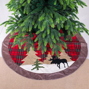 Classic red plaid Christmas tree skirt with reindeer applique and brown fabric border