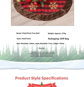 Detail showing red and black plaid Christmas tree skirt with brown faux fur trim and dimensions