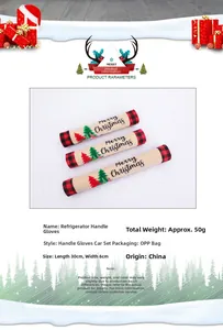 Detailed view of burlap Christmas fridge handle covers with Merry Christmas embroidery