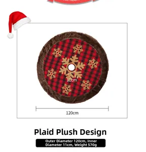Detail view of 120cm red plaid Christmas tree skirt with faux fur edge and golden snowflakes