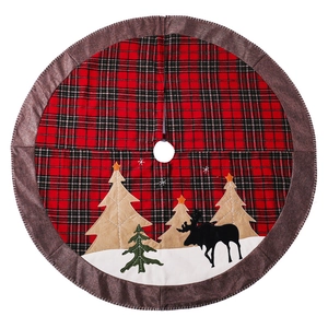 Classic red and black plaid Christmas tree skirt with reindeer and tree embroidery