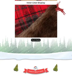 Detail view of the red plaid fabric and brown faux fur lining for the Christmas tree skirt