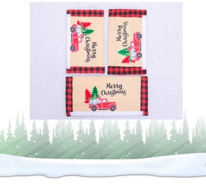 Three-piece Christmas appliance handle covers with gnome and truck patterns in burlap