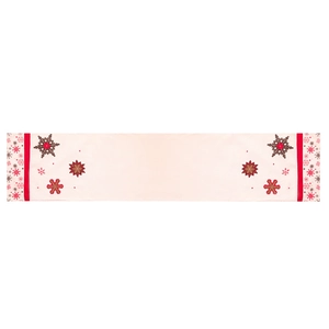 Nordic Christmas table runner with beige snowflake pattern and red borders for holiday decor