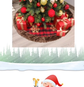 Detail of red and black plaid Christmas tree skirt with faux fur trim and gold sequins