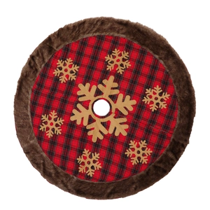 Red and black plaid Christmas tree skirt with faux fur trim and snowflake patterns