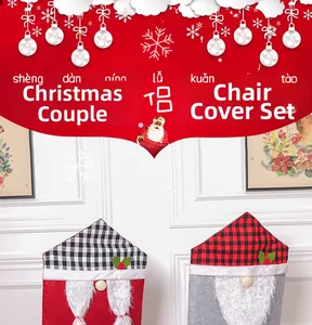 Close-up of Christmas gnome chair covers with plaid hats and white faux fur beards