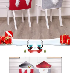 Detail of Christmas gnome chair covers with red and black plaid and white plush beard