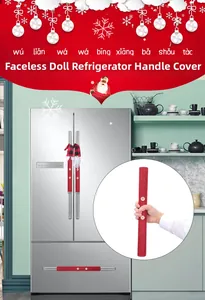 Detailed view of red Christmas gnome refrigerator handle covers with plaid hats
