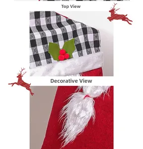 Detail view of gnome chair cover featuring buffalo plaid fabric and holly leaf accents